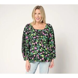 Susan Graver Pure Blouse Womens M Black Floral Smocked Embroidered Gauze Cotton